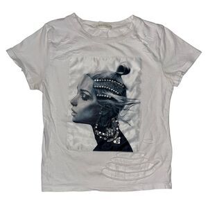 🔥4/$25 Occasion Juniors Women’s White Graphic Cut Out Embellished Short Sleeve